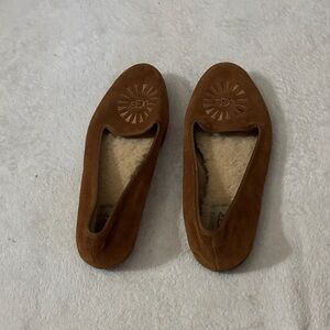 UGG Women's Chestnut Brown Suede Shearling Slip-Ons with real sheep skin inside.